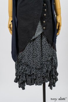 Limited Edition Arthur Hill Frock in Royal Pinstripe Twill; Cavendish Cardigan in Fresh Water Melange Knit; Limited Edition Fairholme Sash in Lakeland and White Crinkled Weave; Fennefleur Frock in Lakeland Flutter Weave. By Ivey Abitz