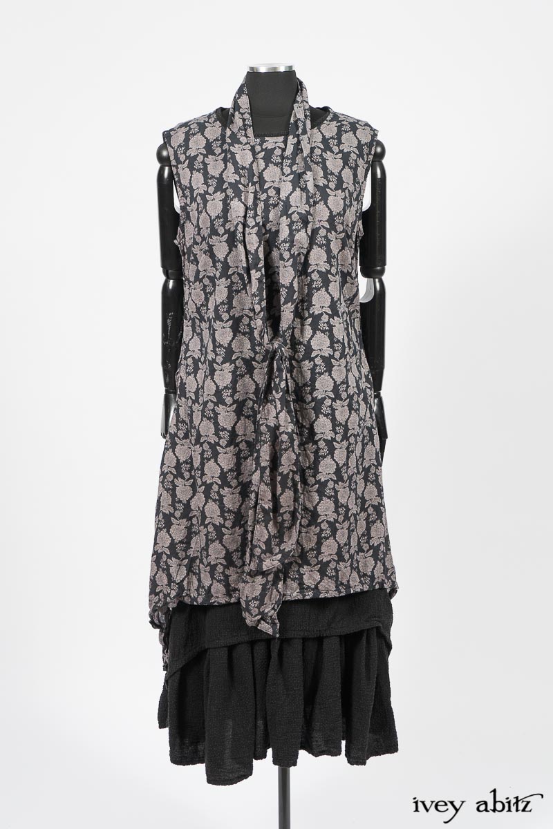 Wildefield Frock in Wolfie Grey Floral Voile; Limited Edition Blanchefleur Sash in Wolfie Grey Floral Voile; Blanchefleur Frock in Black Puckered Check Weave. By Ivey Abitz
