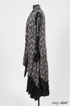 Wildefield Frock in Wolfie Grey Floral Voile; Limited Edition Blanchefleur Sash in Wolfie Grey Floral Voile; Blanchefleur Frock in Black Puckered Check Weave. By Ivey Abitz
