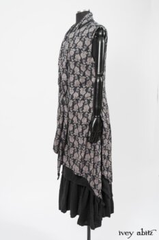 Wildefield Frock in Wolfie Grey Floral Voile; Limited Edition Blanchefleur Sash in Wolfie Grey Floral Voile; Blanchefleur Frock in Black Puckered Check Weave. By Ivey Abitz