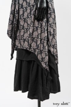 Wildefield Frock in Wolfie Grey Floral Voile; Limited Edition Blanchefleur Sash in Wolfie Grey Floral Voile; Blanchefleur Frock in Black Puckered Check Weave. By Ivey Abitz