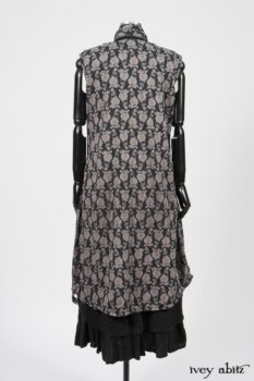 Wildefield Frock in Wolfie Grey Floral Voile; Limited Edition Blanchefleur Sash in Wolfie Grey Floral Voile; Blanchefleur Frock in Black Puckered Check Weave. By Ivey Abitz