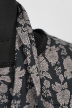 Wildefield Frock in Wolfie Grey Floral Voile; Limited Edition Blanchefleur Sash in Wolfie Grey Floral Voile; Blanchefleur Frock in Black Puckered Check Weave. By Ivey Abitz