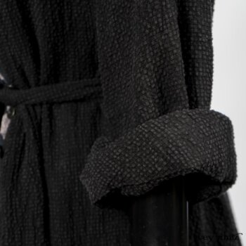 Elsie Duster Coat in Black Puckered Check Weave; Limited Edition Blanchefleur Sash in Wolfie Grey Floral Voile; Blanchefleur Frock in Black Puckered Check Weave. By Ivey Abitz
