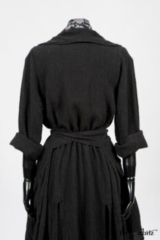 Elsie Duster Coat in Black Puckered Check Weave; Limited Edition Blanchefleur Sash in Wolfie Grey Floral Voile; Blanchefleur Frock in Black Puckered Check Weave. By Ivey Abitz