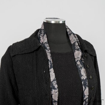 Elsie Duster Coat in Black Puckered Check Weave; Limited Edition Blanchefleur Sash in Wolfie Grey Floral Voile; Blanchefleur Frock in Black Puckered Check Weave. By Ivey Abitz