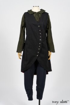 Limited Edition Arthur Hill Frock in Royal Pinstripe Twill; Limited Edition Arthur Hill Shirt in Arthurian Green Cotton Voile; Pierrepont Leggings Breeches in Fresh Water Melange Knit. By Ivey Abitz