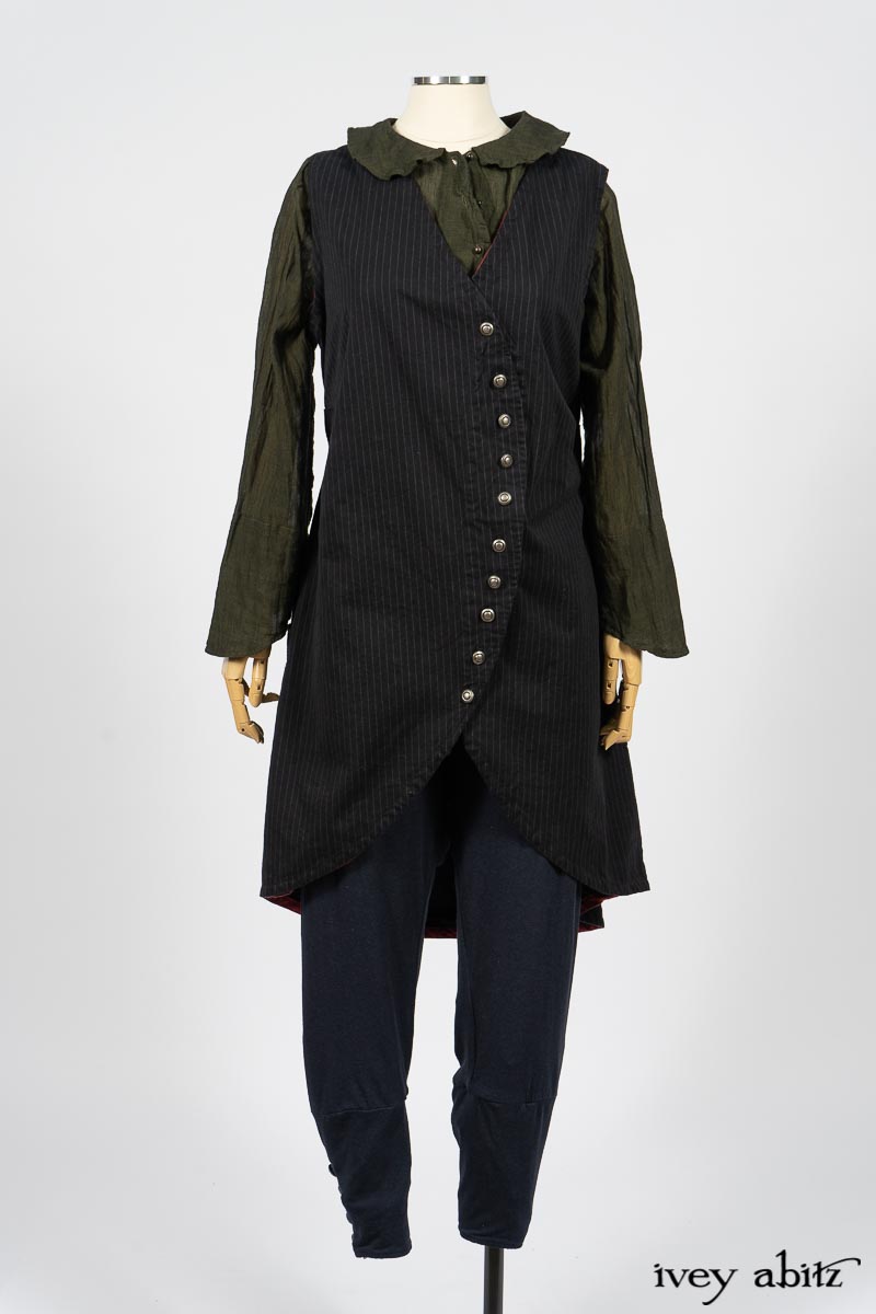 Limited Edition Arthur Hill Frock in Royal Pinstripe Twill; Limited Edition Arthur Hill Shirt in Arthurian Green Cotton Voile; Pierrepont Leggings Breeches in Fresh Water Melange Knit. By Ivey Abitz