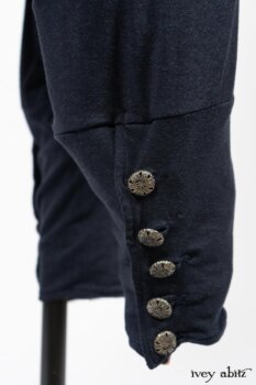 Limited Edition Arthur Hill Frock in Royal Pinstripe Twill; Limited Edition Arthur Hill Shirt in Arthurian Green Cotton Voile; Pierrepont Leggings Breeches in Fresh Water Melange Knit. By Ivey Abitz