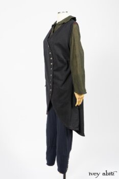 Limited Edition Arthur Hill Frock in Royal Pinstripe Twill; Limited Edition Arthur Hill Shirt in Arthurian Green Cotton Voile; Pierrepont Leggings Breeches in Fresh Water Melange Knit. By Ivey Abitz