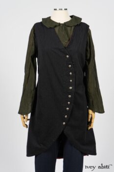 Limited Edition Arthur Hill Frock in Royal Pinstripe Twill; Limited Edition Arthur Hill Shirt in Arthurian Green Cotton Voile; Pierrepont Leggings Breeches in Fresh Water Melange Knit. By Ivey Abitz