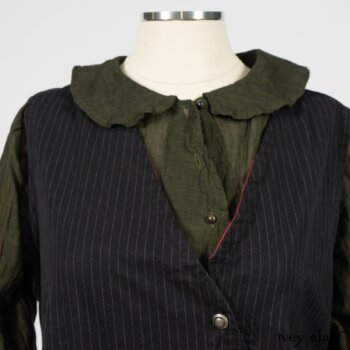 Limited Edition Arthur Hill Frock in Royal Pinstripe Twill; Limited Edition Arthur Hill Shirt in Arthurian Green Cotton Voile; Pierrepont Leggings Breeches in Fresh Water Melange Knit. By Ivey Abitz