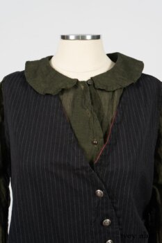 Limited Edition Arthur Hill Frock in Royal Pinstripe Twill; Limited Edition Arthur Hill Shirt in Arthurian Green Cotton Voile; Pierrepont Leggings Breeches in Fresh Water Melange Knit. By Ivey Abitz