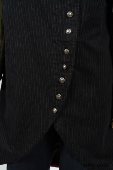 Limited Edition Arthur Hill Frock in Royal Pinstripe Twill; Limited Edition Arthur Hill Shirt in Arthurian Green Cotton Voile; Pierrepont Leggings Breeches in Fresh Water Melange Knit. By Ivey Abitz