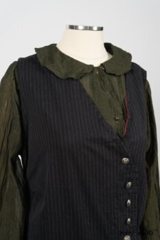 Limited Edition Arthur Hill Frock in Royal Pinstripe Twill; Limited Edition Arthur Hill Shirt in Arthurian Green Cotton Voile; Pierrepont Leggings Breeches in Fresh Water Melange Knit. By Ivey Abitz