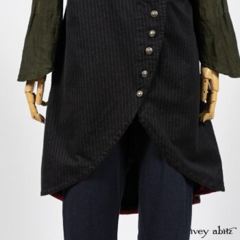 Limited Edition Arthur Hill Frock in Royal Pinstripe Twill; Limited Edition Arthur Hill Shirt in Arthurian Green Cotton Voile; Pierrepont Leggings Breeches in Fresh Water Melange Knit. By Ivey Abitz