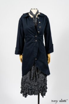 Arthur Hill Jacket in Lakeland Herringbone; Limited Edition Arthur Hill Frock in Royal Pinstripe Twill; Blanchefleur Sash in Lakeland Flutter Weave; Fennefleur Frock in Lakeland Flutter Weave. By Ivey Abitz