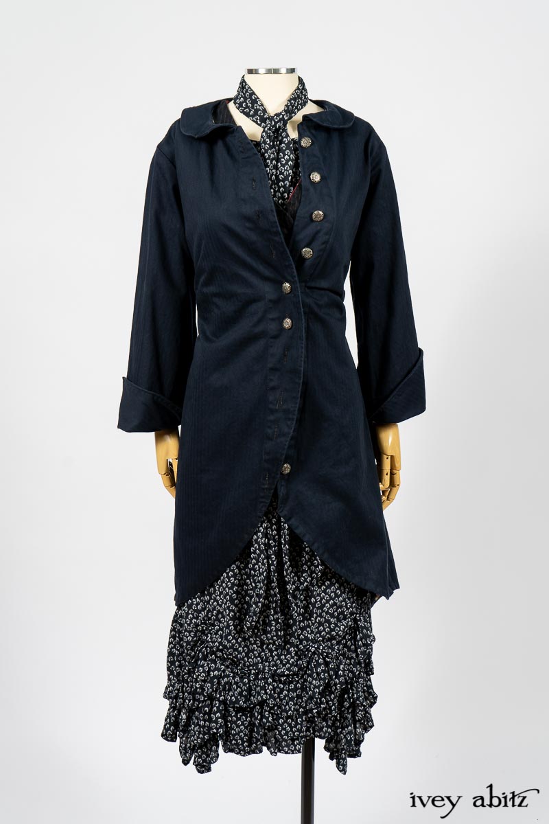 Arthur Hill Jacket in Lakeland Herringbone; Limited Edition Arthur Hill Frock in Royal Pinstripe Twill; Blanchefleur Sash in Lakeland Flutter Weave; Fennefleur Frock in Lakeland Flutter Weave. By Ivey Abitz