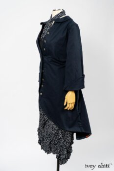 Arthur Hill Jacket in Lakeland Herringbone; Limited Edition Arthur Hill Frock in Royal Pinstripe Twill; Blanchefleur Sash in Lakeland Flutter Weave; Fennefleur Frock in Lakeland Flutter Weave. By Ivey Abitz