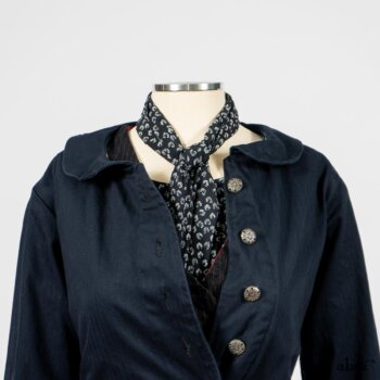 Arthur Hill Jacket in Lakeland Herringbone; Limited Edition Arthur Hill Frock in Royal Pinstripe Twill; Blanchefleur Sash in Lakeland Flutter Weave; Fennefleur Frock in Lakeland Flutter Weave. By Ivey Abitz