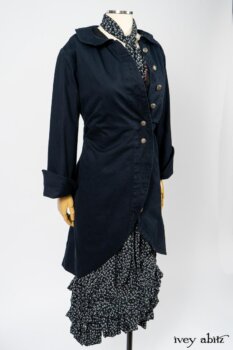 Arthur Hill Jacket in Lakeland Herringbone; Limited Edition Arthur Hill Frock in Royal Pinstripe Twill; Blanchefleur Sash in Lakeland Flutter Weave; Fennefleur Frock in Lakeland Flutter Weave. By Ivey Abitz