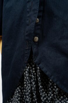 Arthur Hill Jacket in Lakeland Herringbone; Limited Edition Arthur Hill Frock in Royal Pinstripe Twill; Blanchefleur Sash in Lakeland Flutter Weave; Fennefleur Frock in Lakeland Flutter Weave. By Ivey Abitz