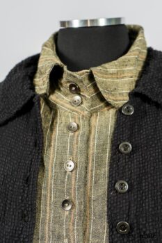 Truitt Shirt in Peace and Civility Stripe Linen; Elsie Duster Coat in Black Puckered Check Weave; Blanchefleur Frock in Black Puckered Check Weave. By Ivey Abitz