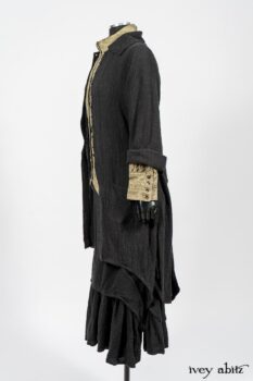 Truitt Shirt in Peace and Civility Stripe Linen; Elsie Duster Coat in Black Puckered Check Weave; Blanchefleur Frock in Black Puckered Check Weave. By Ivey Abitz