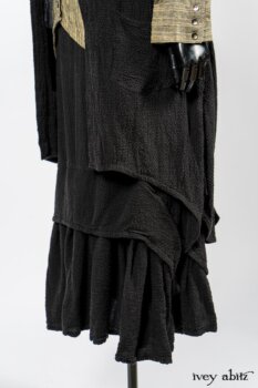 Truitt Shirt in Peace and Civility Stripe Linen; Elsie Duster Coat in Black Puckered Check Weave; Blanchefleur Frock in Black Puckered Check Weave. By Ivey Abitz