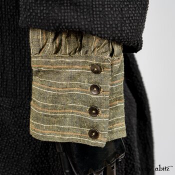 Truitt Shirt in Peace and Civility Stripe Linen; Elsie Duster Coat in Black Puckered Check Weave; Blanchefleur Frock in Black Puckered Check Weave. By Ivey Abitz
