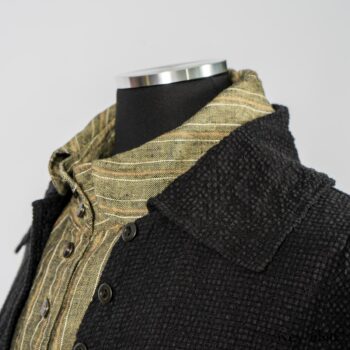 Truitt Shirt in Peace and Civility Stripe Linen; Elsie Duster Coat in Black Puckered Check Weave; Blanchefleur Frock in Black Puckered Check Weave. By Ivey Abitz