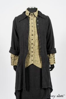 Truitt Shirt in Peace and Civility Stripe Linen; Elsie Duster Coat in Black Puckered Check Weave; Blanchefleur Frock in Black Puckered Check Weave. By Ivey Abitz