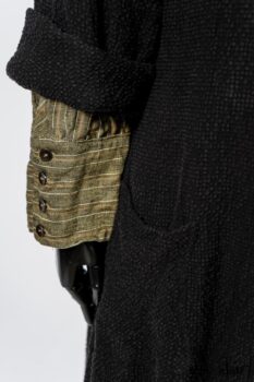 Truitt Shirt in Peace and Civility Stripe Linen; Elsie Duster Coat in Black Puckered Check Weave; Blanchefleur Frock in Black Puckered Check Weave. By Ivey Abitz