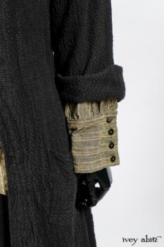 Truitt Shirt in Peace and Civility Stripe Linen; Elsie Duster Coat in Black Puckered Check Weave; Blanchefleur Frock in Black Puckered Check Weave. By Ivey Abitz