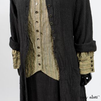 Truitt Shirt in Peace and Civility Stripe Linen; Elsie Duster Coat in Black Puckered Check Weave; Blanchefleur Frock in Black Puckered Check Weave. By Ivey Abitz