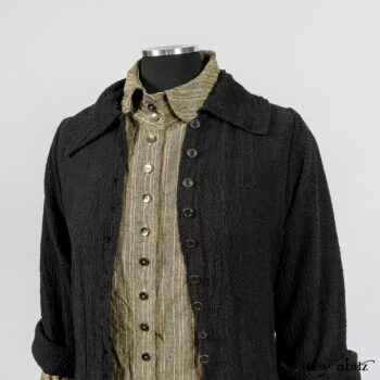 Truitt Shirt in Peace and Civility Stripe Linen; Elsie Duster Coat in Black Puckered Check Weave; Blanchefleur Frock in Black Puckered Check Weave. By Ivey Abitz