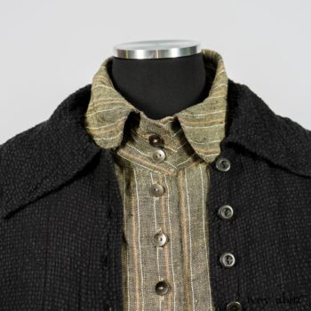 Truitt Shirt in Peace and Civility Stripe Linen; Elsie Duster Coat in Black Puckered Check Weave; Blanchefleur Frock in Black Puckered Check Weave. By Ivey Abitz