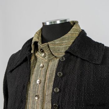 Truitt Shirt in Peace and Civility Stripe Linen; Elsie Duster Coat in Black Puckered Check Weave; Blanchefleur Frock in Black Puckered Check Weave. By Ivey Abitz
