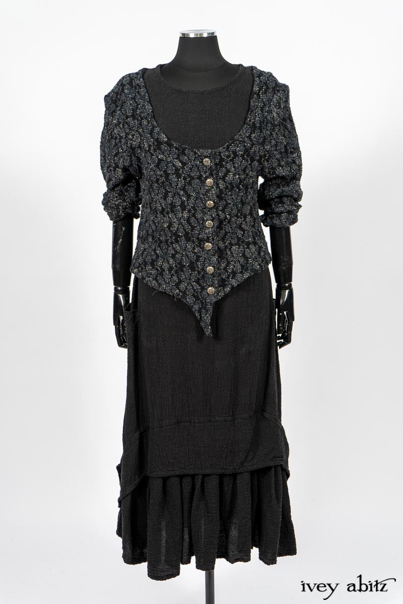 Limited Edition Elliot Jacket in Lakeland Floral Lace Knit; Blanchefleur Frock in Black Puckered Check Weave. By Ivey Abitz