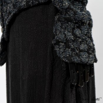 Limited Edition Elliot Jacket in Lakeland Floral Lace Knit; Blanchefleur Frock in Black Puckered Check Weave. By Ivey Abitz