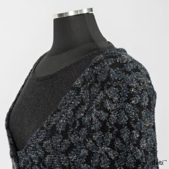 Limited Edition Elliot Jacket in Lakeland Floral Lace Knit; Blanchefleur Frock in Black Puckered Check Weave. By Ivey Abitz