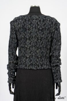 Limited Edition Elliot Jacket in Lakeland Floral Lace Knit; Blanchefleur Frock in Black Puckered Check Weave. By Ivey Abitz