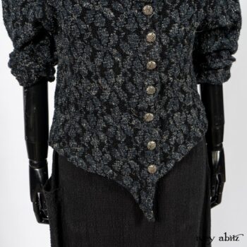 Limited Edition Elliot Jacket in Lakeland Floral Lace Knit; Blanchefleur Frock in Black Puckered Check Weave. By Ivey Abitz
