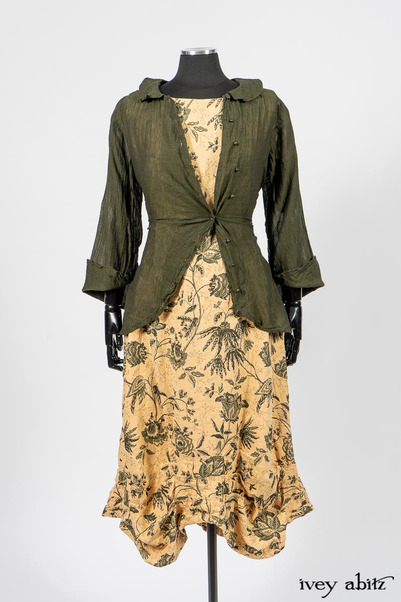 Limited Edition Arthur Hill Shirt in Arthurian Green Cotton Voile; Scattergood Frock in Arthurian Green Floral Washed Linen. By Ivey Abitz