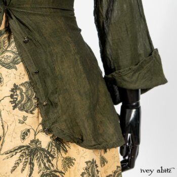Limited Edition Arthur Hill Shirt in Arthurian Green Cotton Voile; Scattergood Frock in Arthurian Green Floral Washed Linen. By Ivey Abitz