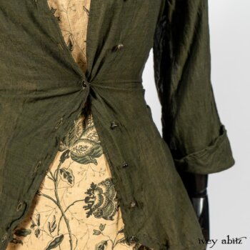 Limited Edition Arthur Hill Shirt in Arthurian Green Cotton Voile; Scattergood Frock in Arthurian Green Floral Washed Linen. By Ivey Abitz
