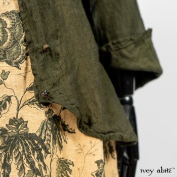 Limited Edition Arthur Hill Shirt in Arthurian Green Cotton Voile; Scattergood Frock in Arthurian Green Floral Washed Linen. By Ivey Abitz