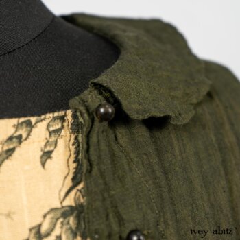 Limited Edition Arthur Hill Shirt in Arthurian Green Cotton Voile; Scattergood Frock in Arthurian Green Floral Washed Linen. By Ivey Abitz
