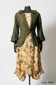Limited Edition Arthur Hill Shirt in Arthurian Green Cotton Voile; Scattergood Frock in Arthurian Green Floral Washed Linen. By Ivey Abitz