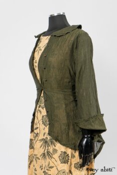 Limited Edition Arthur Hill Shirt in Arthurian Green Cotton Voile; Scattergood Frock in Arthurian Green Floral Washed Linen. By Ivey Abitz